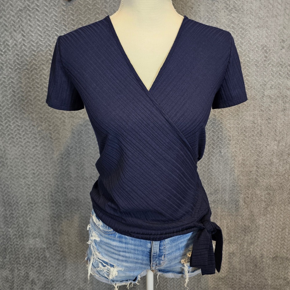 LOFT Outlet Petite Navy Blue Ribbed Wrap Side Tie Short Sleeve Top XSP 515880